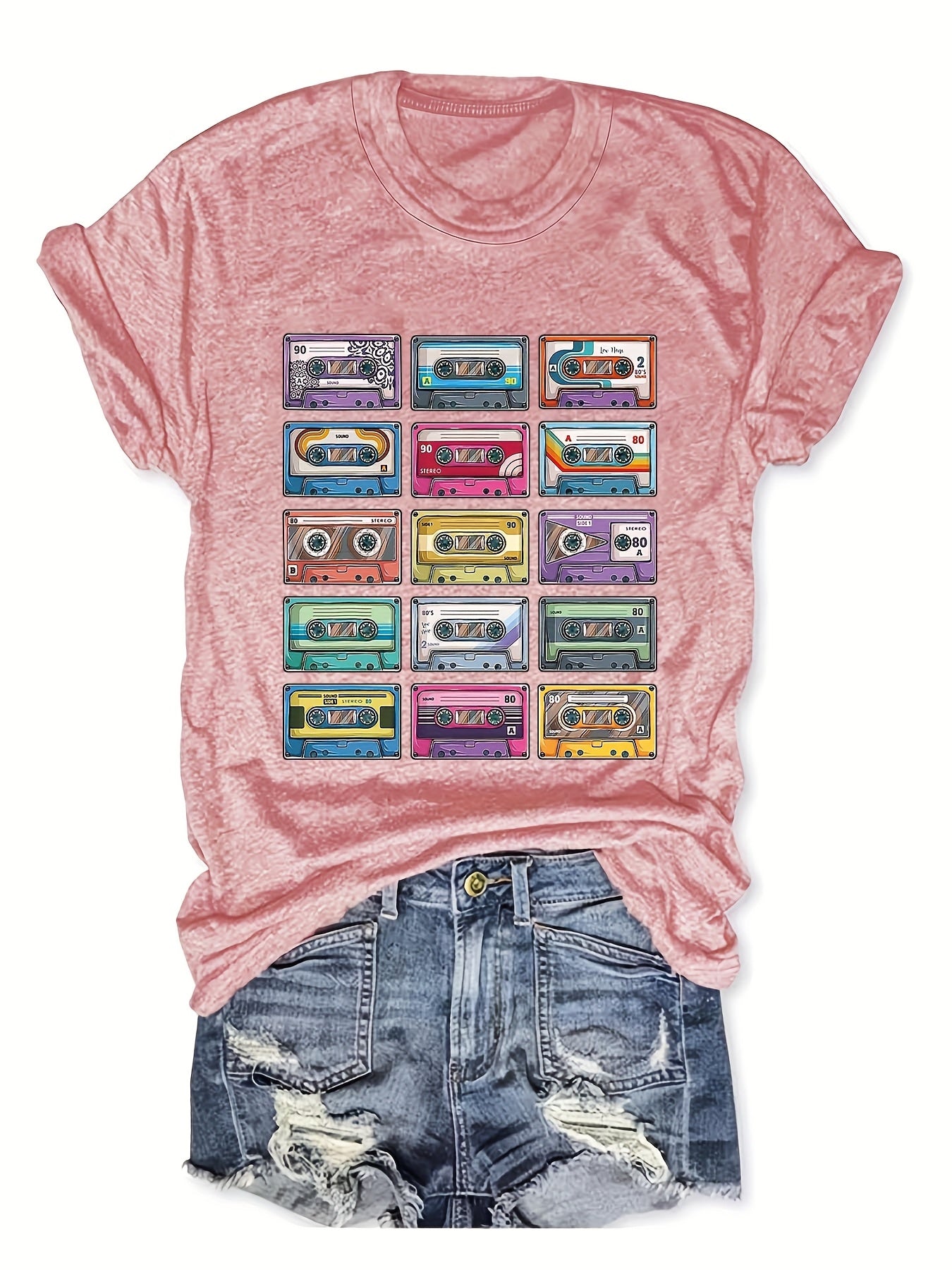 Women's Light Green Short Sleeve T-Shirt with Retro Cassette Graphic