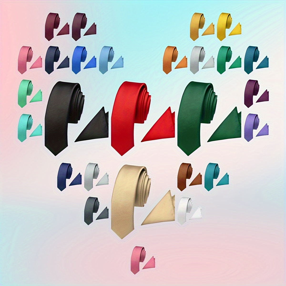 Set of 2 Solid Color Men's Ties and Pocket Squares for Formal and Business Attire