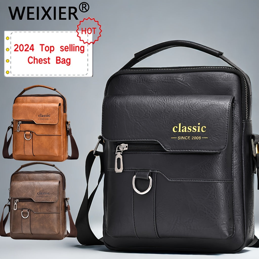 Men's Water-Resistant PU Crossbody Bag with Large Capacity Vintage Vertical Business Casual Style