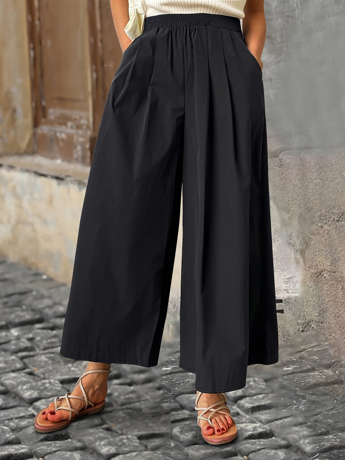 Women's Plus Size Wide Leg Pants Loose Fit Polyester Solid Spring Summer