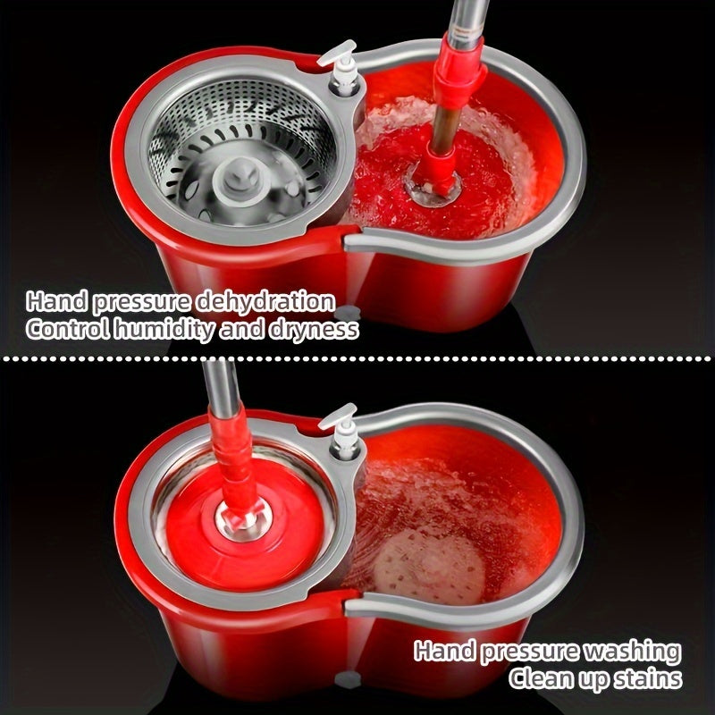 Juego de fregona y cubo de acero inoxidable con cabezales de microfibra para limpieza en seco y húmedo