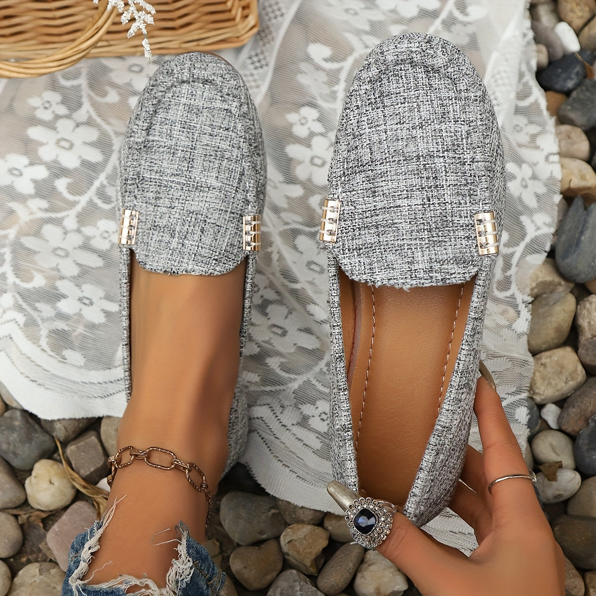 Women's Slip-On Flats Casual Striped Breathable Fabric Summer Shoes