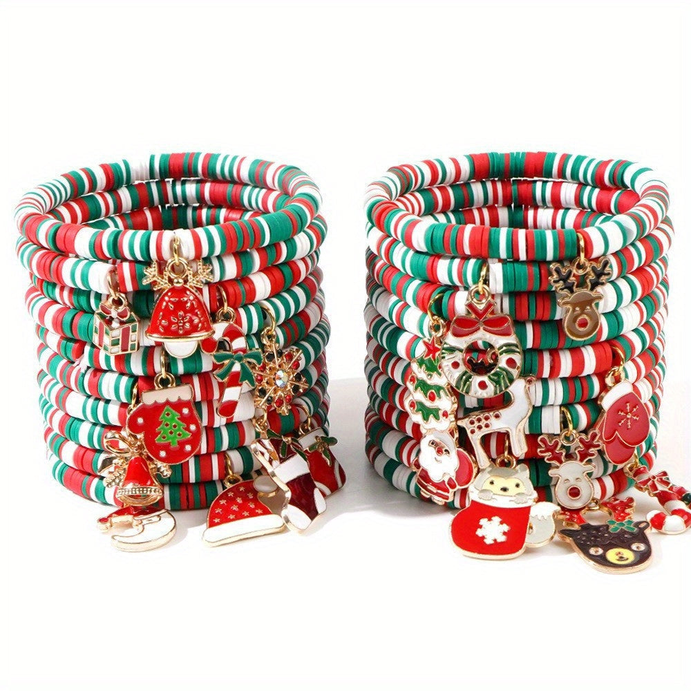 Set of 10 Bohemian Style Christmas Heishi Bracelets Adjustable Elastic with Ceramic Beads and Charms