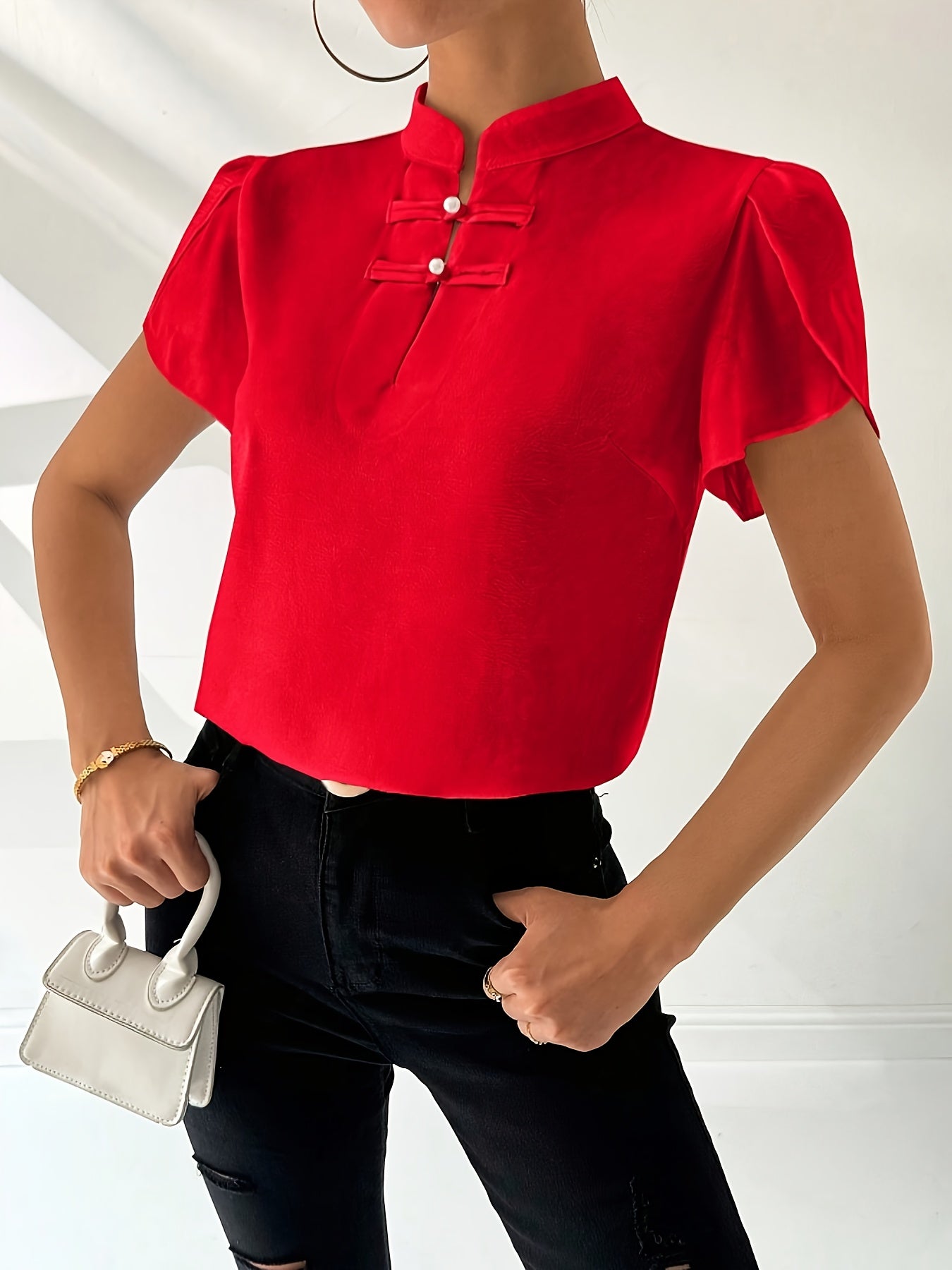 Women's White Breathable Polyester Blouse with Stand Collar and Ruffle Details