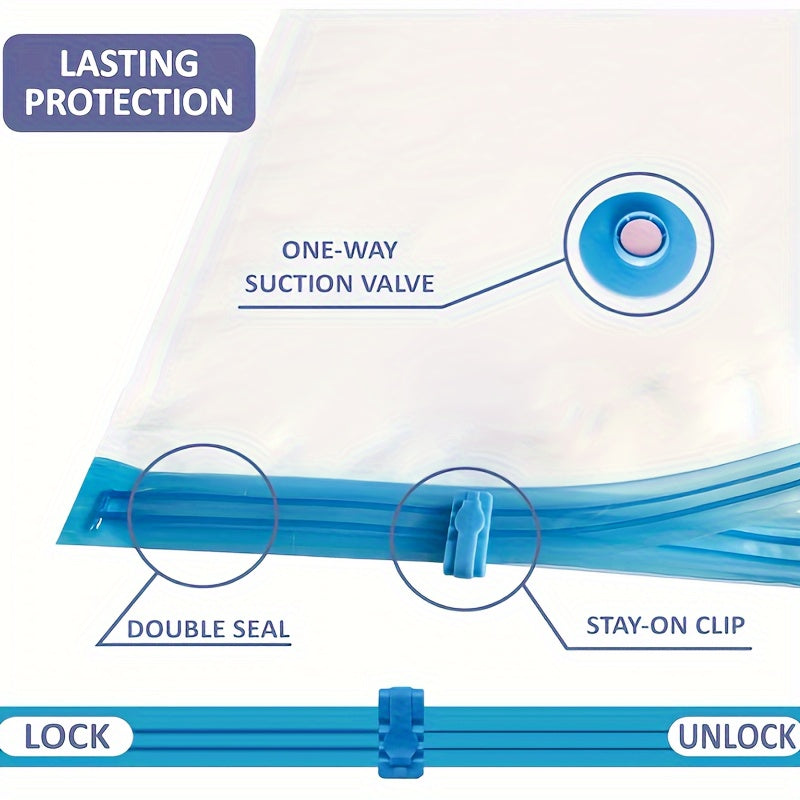 25 ta vakuum siqish saqlash sumkasi to'plami, kiyimlar, ko'rpa, ko'ylaklar uchun havo o'tkazmaydigan saqlashni ta'minlaydi. Yotoqxonalarda, shkaflarda, kiyimlar uchun joylarda, yotoqxonalarda va sayohat uchun ideal. Joyni tejash uchun ajoyib tashkilotchi.