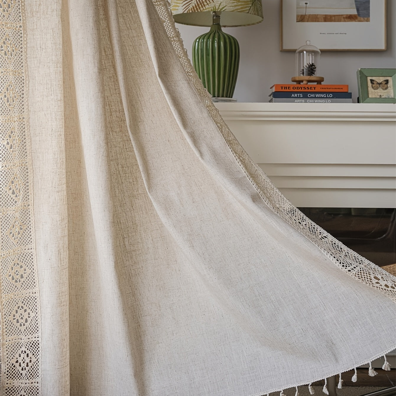 Linen Crochet Curtain with Tassels Semi-Sheer Rod Pocket Farmhouse Style for Living Room Bedroom Kitchen