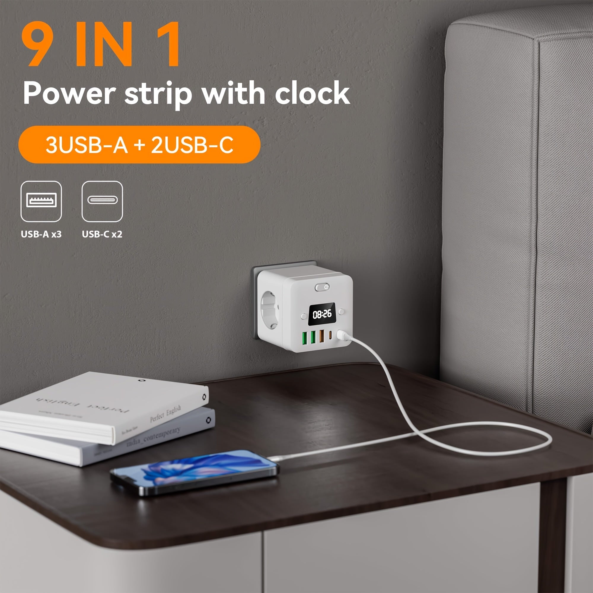 Advanced 9-in-1 Power Strip Surge Protector with USB-C and Clock for Home Office Travel