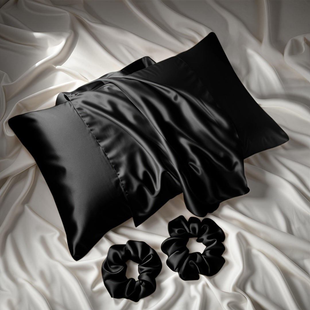 Elegant Satin 3-Piece Set Pillowcase and Headbands for Bedroom and Bathroom