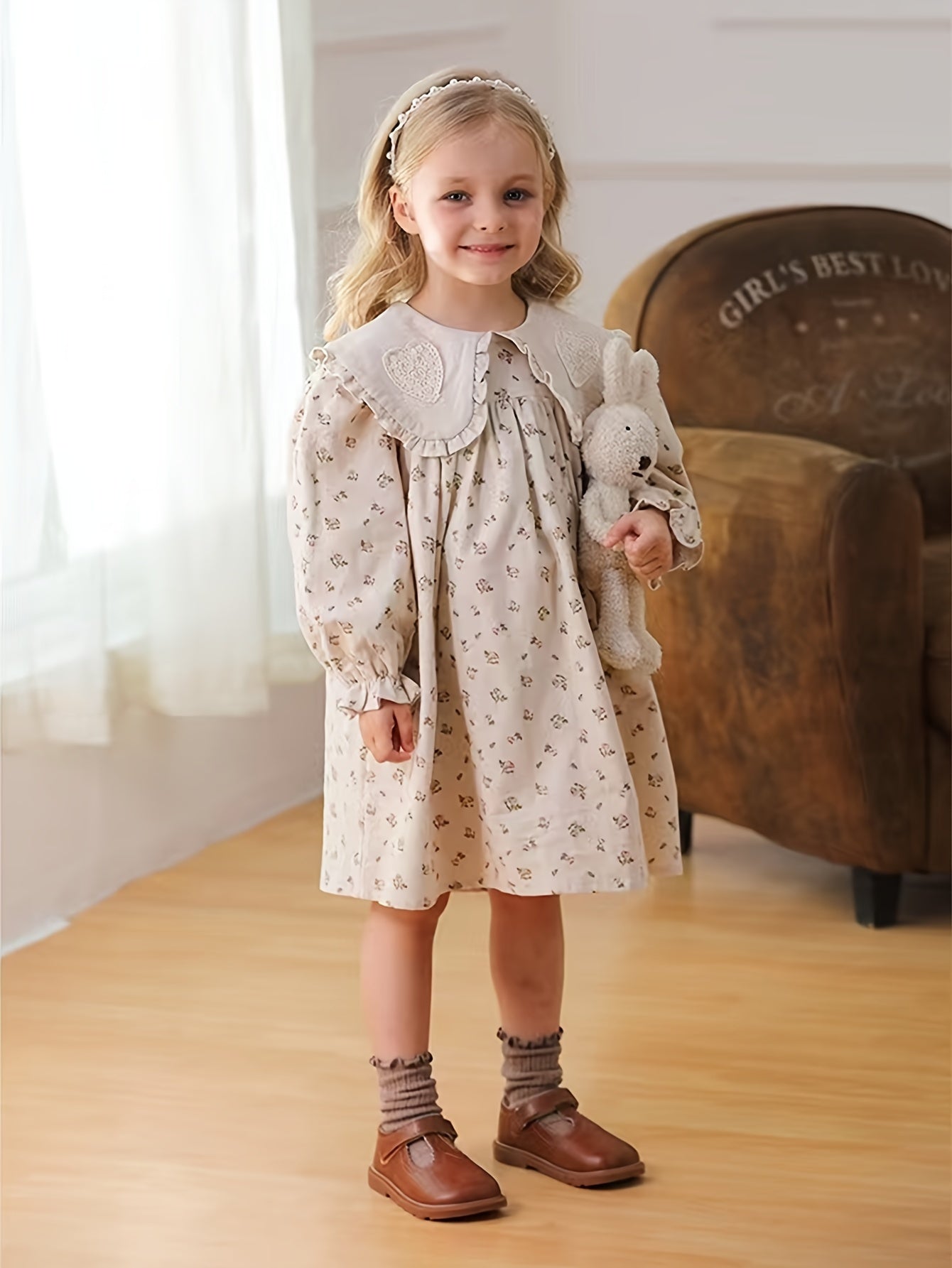 Girls' Floral Cotton Knee-Length Dress with Ruffle Hem and Long Lantern Sleeves