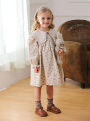 Girls' Floral Cotton Knee-Length Dress with Ruffle Hem and Long Lantern Sleeves