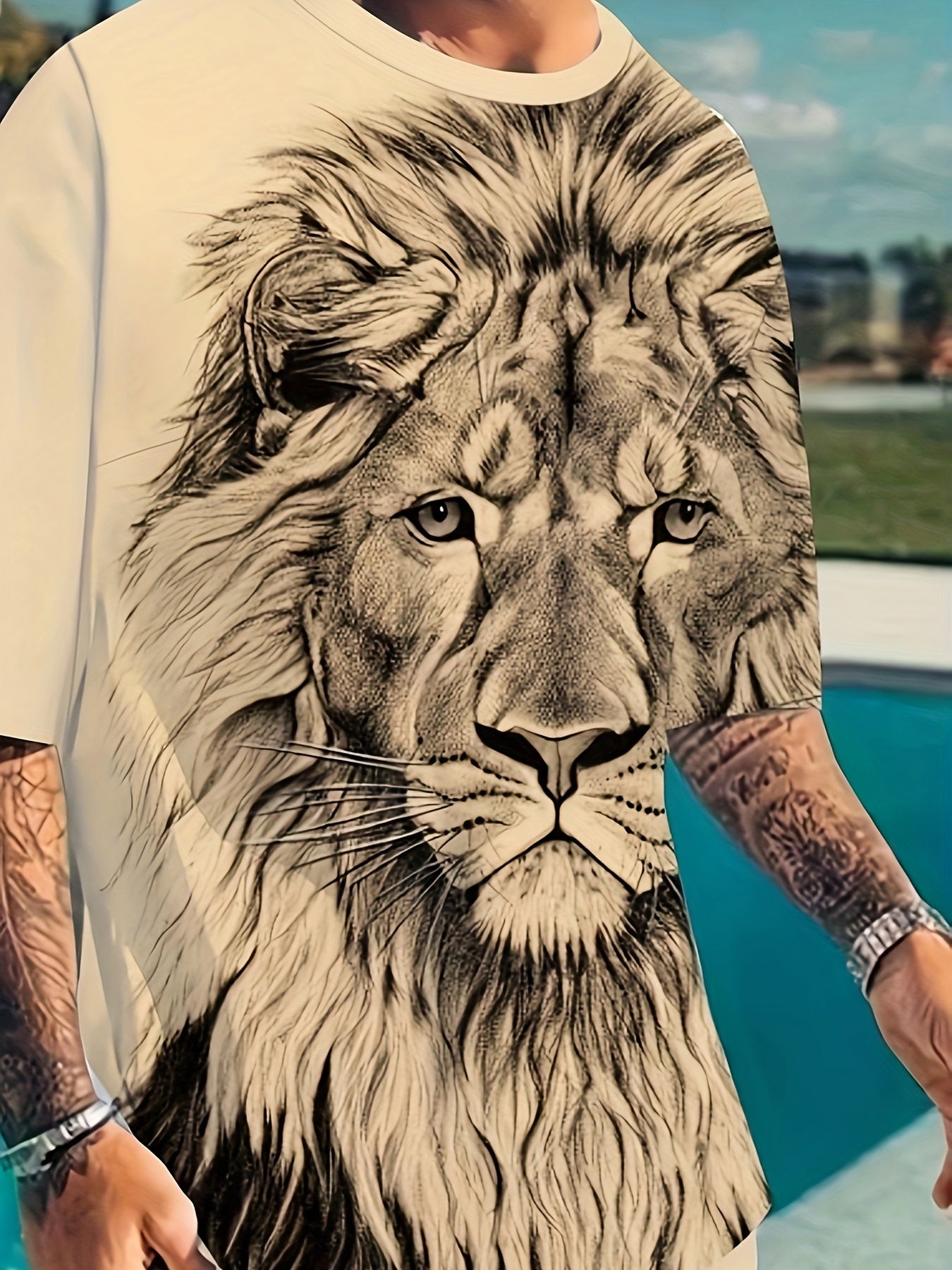 Men's Plus Size Lion Print T-Shirt and Shorts Set Summer Casual Knit Fabric