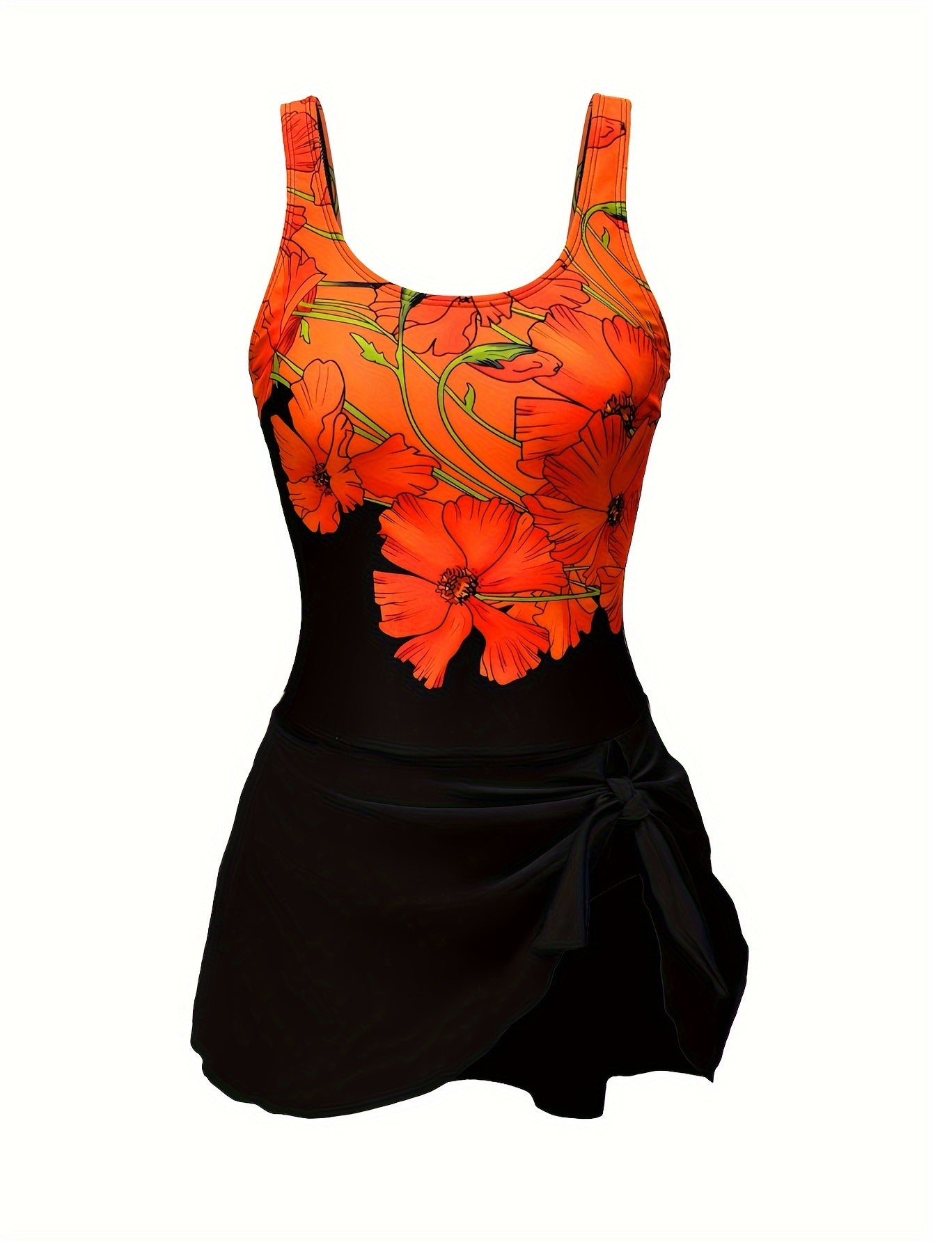 Ayollar uchun yumaloq bo'yinli, oq chetli va gullar naqshli kombinezon ko'ylagi.