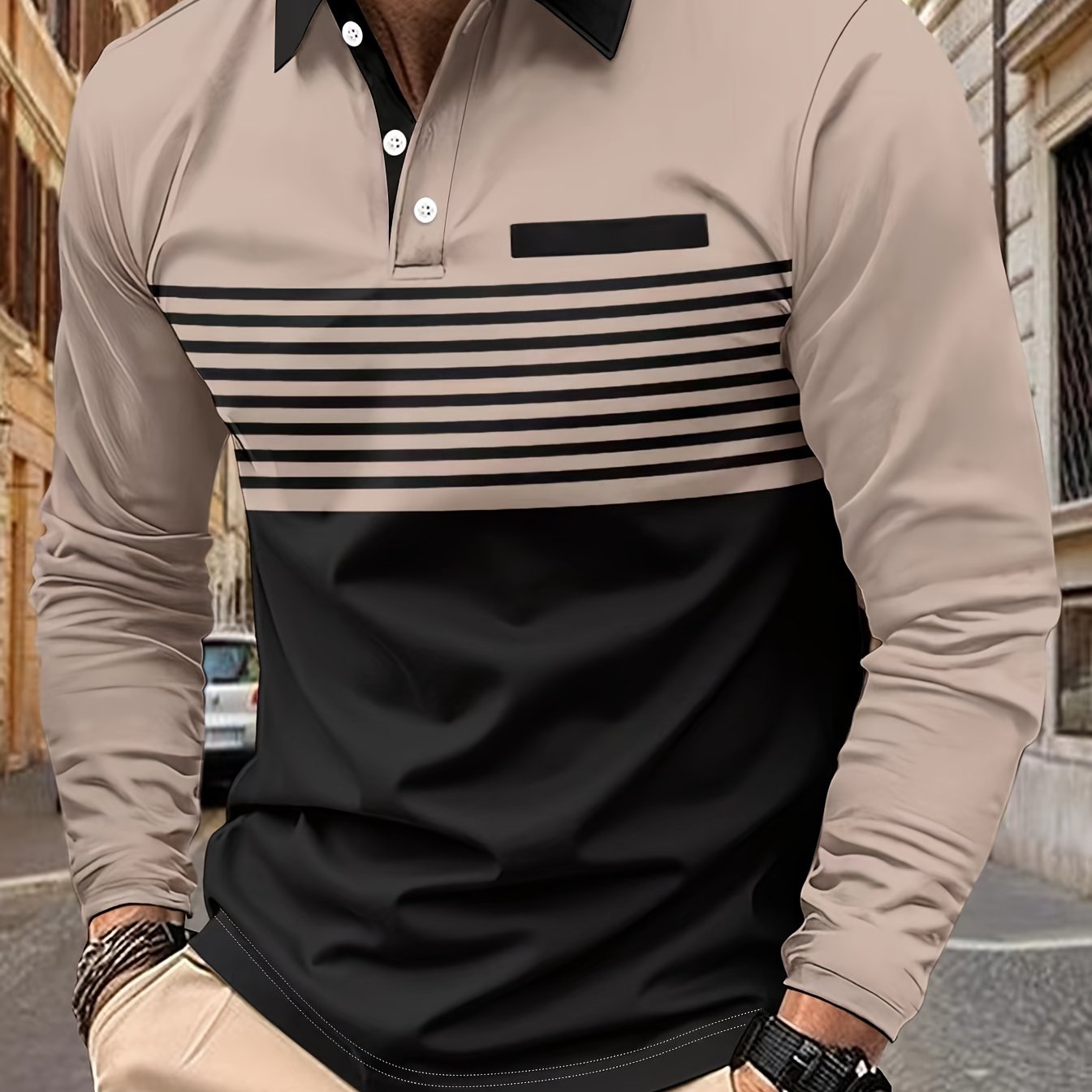 Men's Long Sleeve Color Block Golf Shirt with Striped Pattern and Slight Stretch
