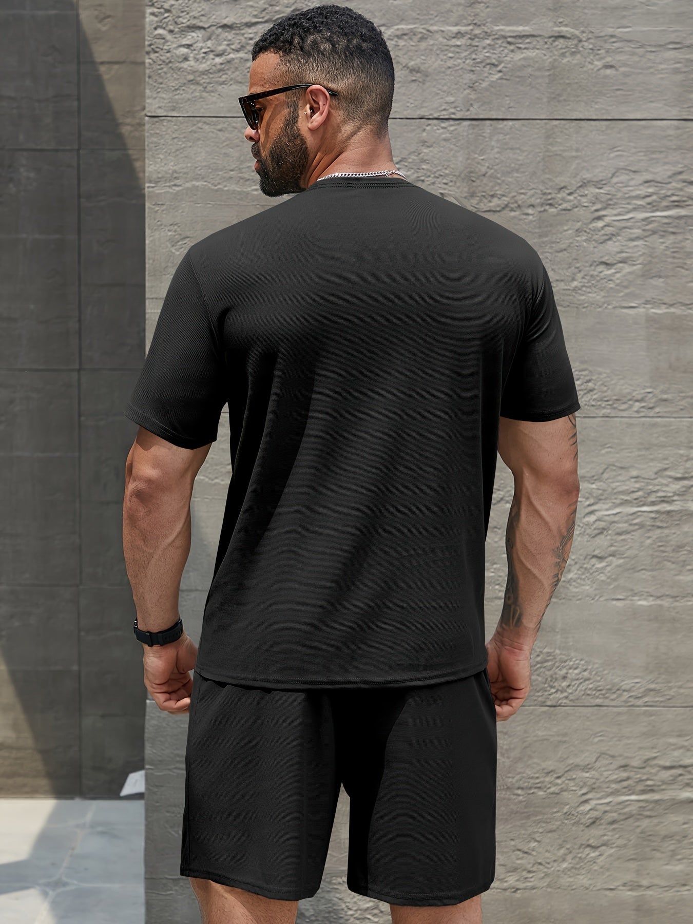 Men's Polyester Casual Sports Outfit with Short-Sleeve T-Shirt Shorts and Long Pants for Running and All-Season