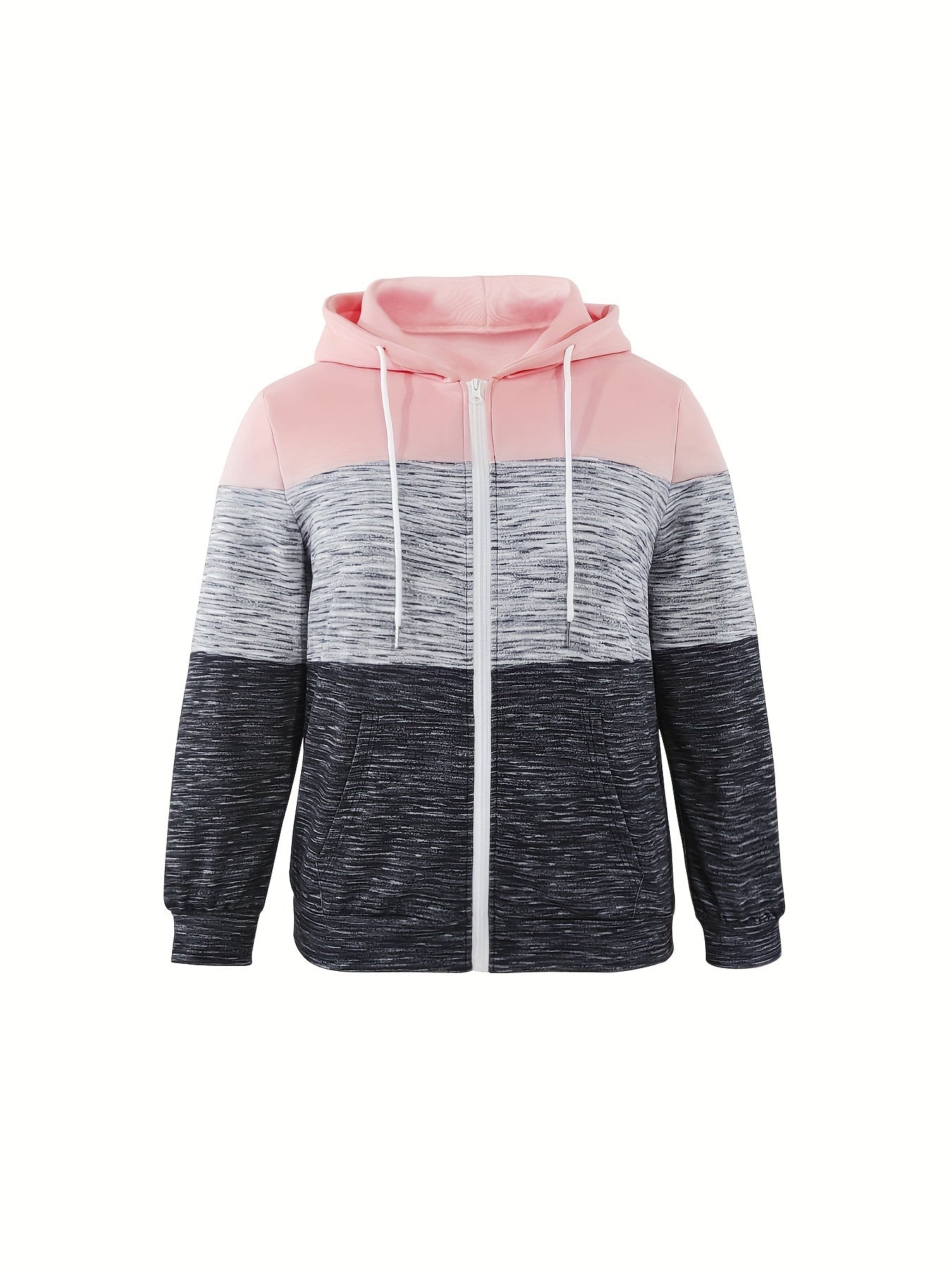 Крупный размер женский повседневный худи с цветными блоками, застежка-молния и карманы