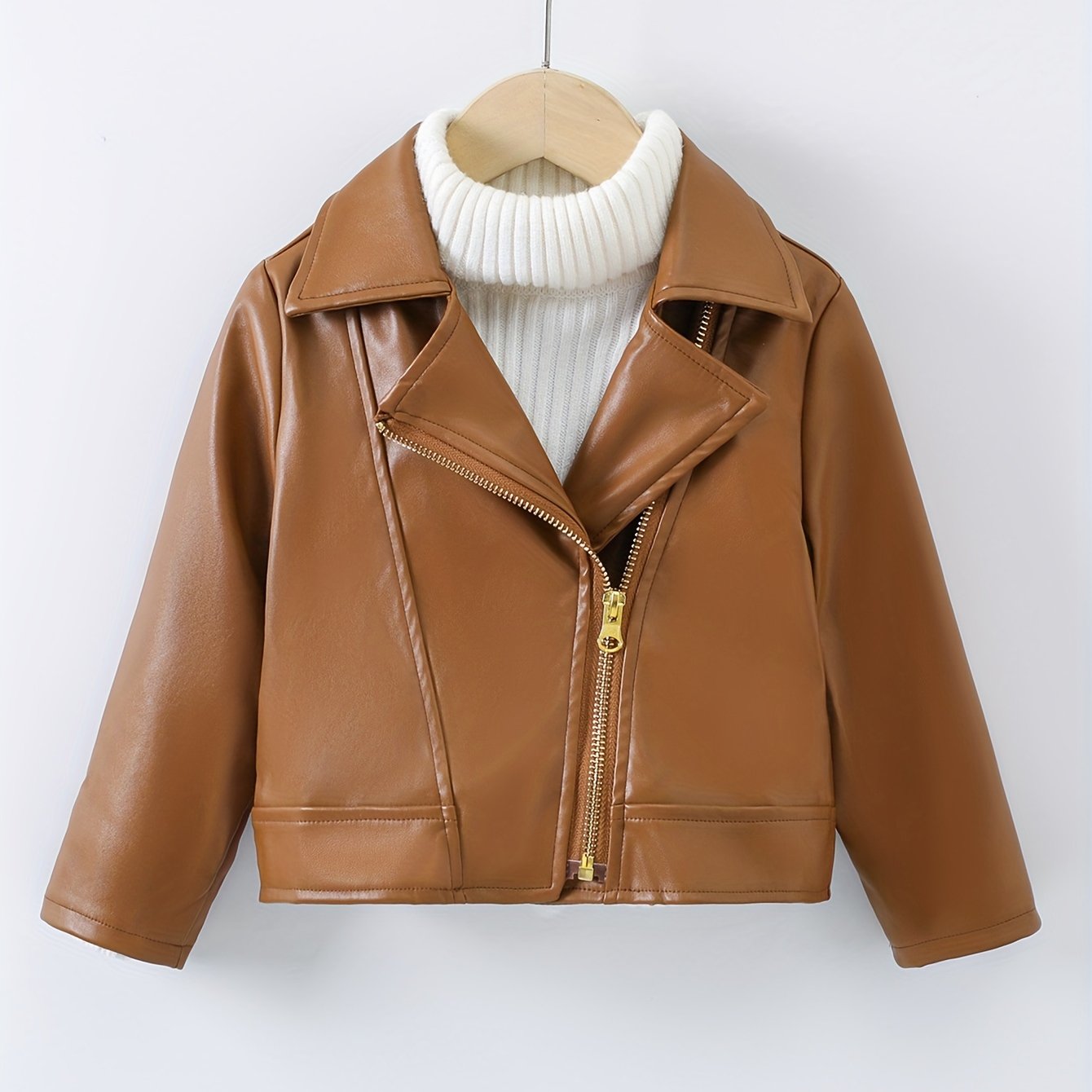 Faux Leather Jacket for Kids with Lapel and Diagonal Zipper Short Length Fall Winter