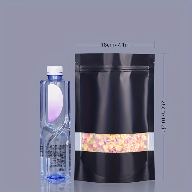 50 piezas de bolsas de embalaje con ventana abierta en negro para galletas, caramelos, café, té, auto-cierre, plástico esmerilado