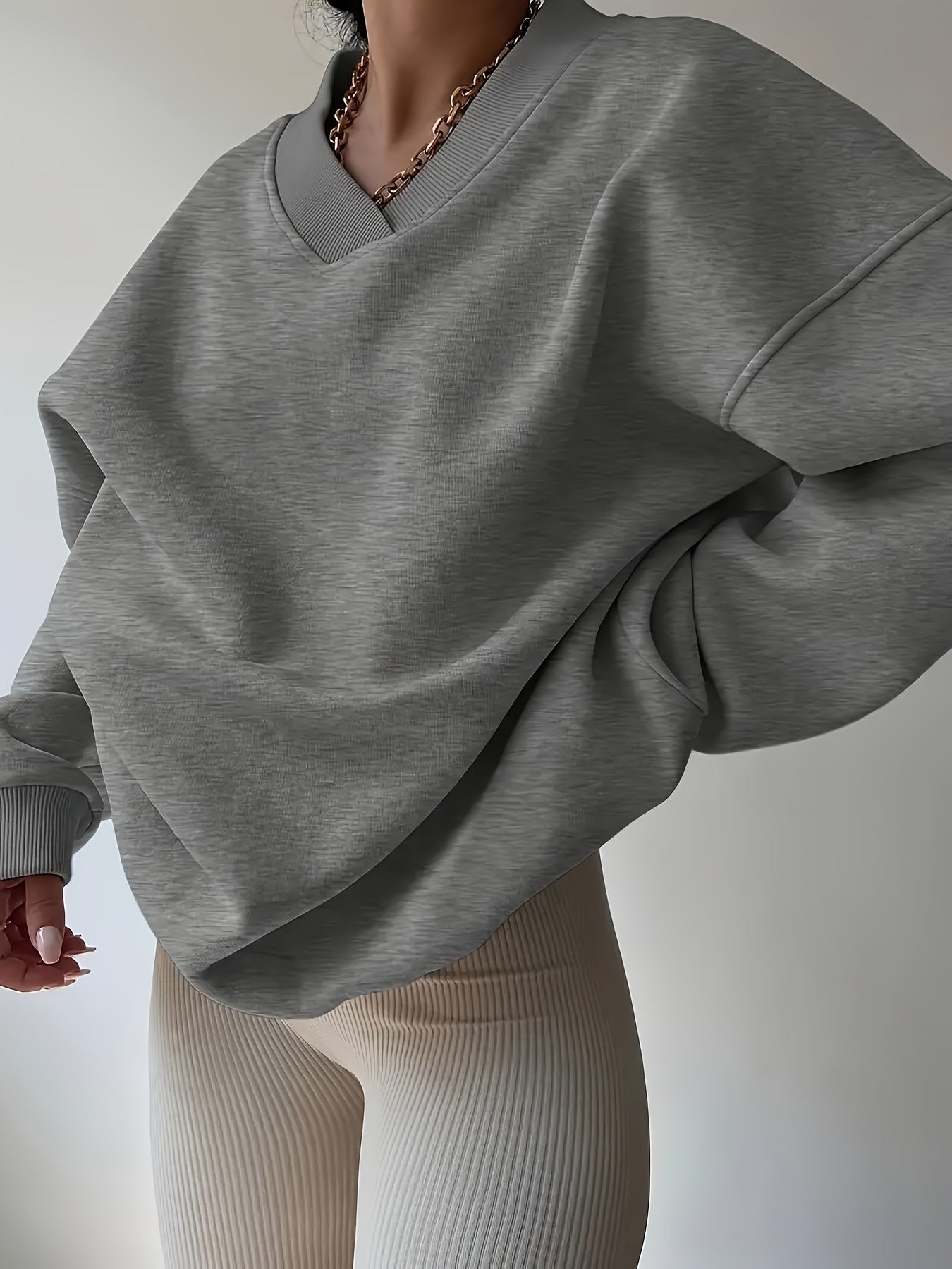 Толстовка женская большого размера с V-образным вырезом, в рубчик, цвет Heather Gray, оверсайз