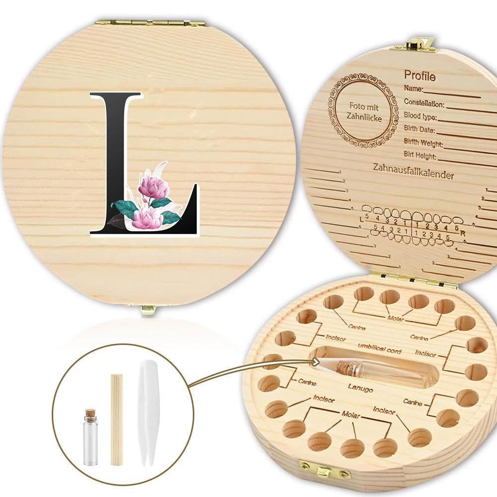 Bolalarining yoʻqolgan sut tishlari uchun yogʻochdan yasalgan saqlash qutisi, 20 tishgacha saqlash joyi bilan. Oq marmar harf naqshli dizayn. Ajoyib sovgʻa gʻoyasi.