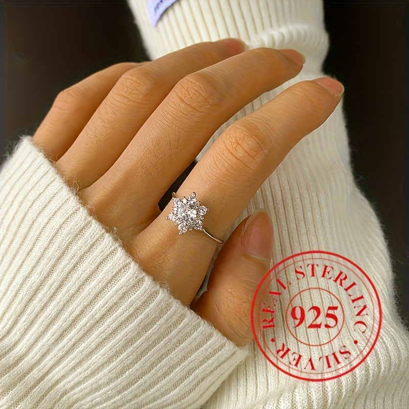 Sterling Silver Flower Cluster Ring with Cubic Zirconia Snowflake Band Wedding Jewelry