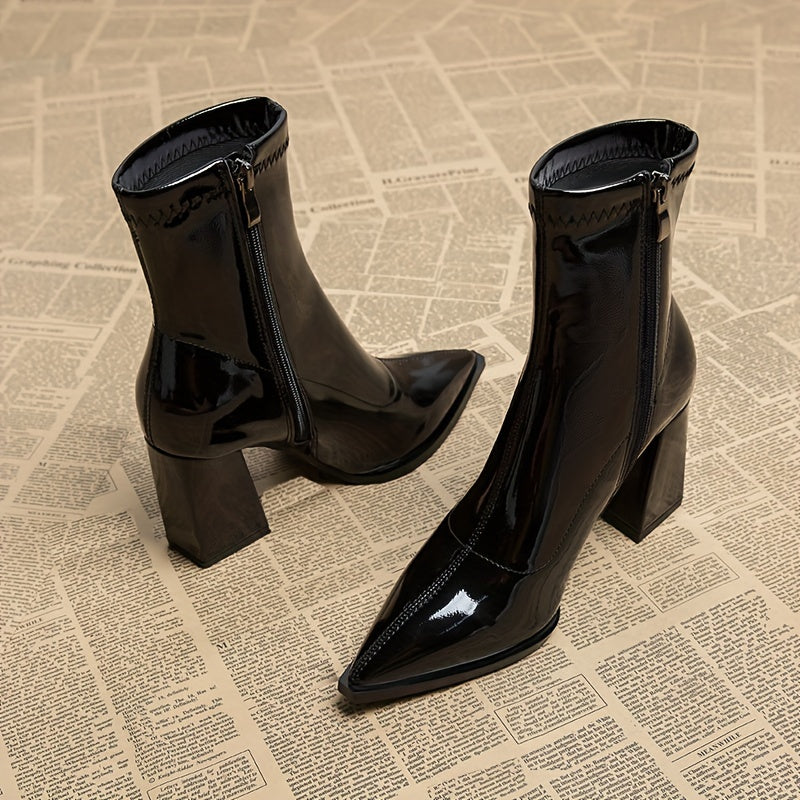 Women's Solid Color Block Heeled Ankle Boots With Side Zipper