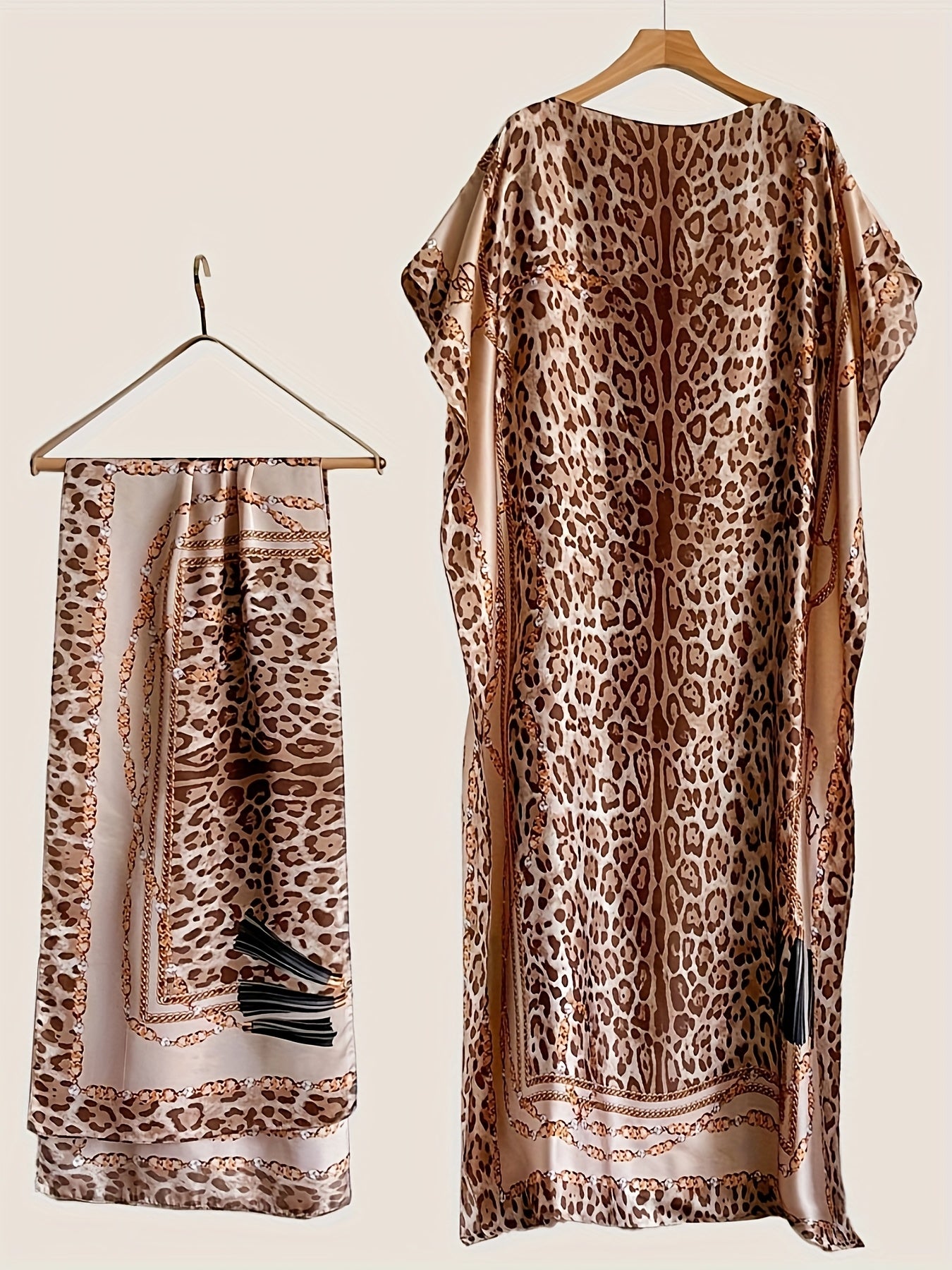 Plus Size Women Leopard Print Maxi Dress with Scarf Batwing Sleeves