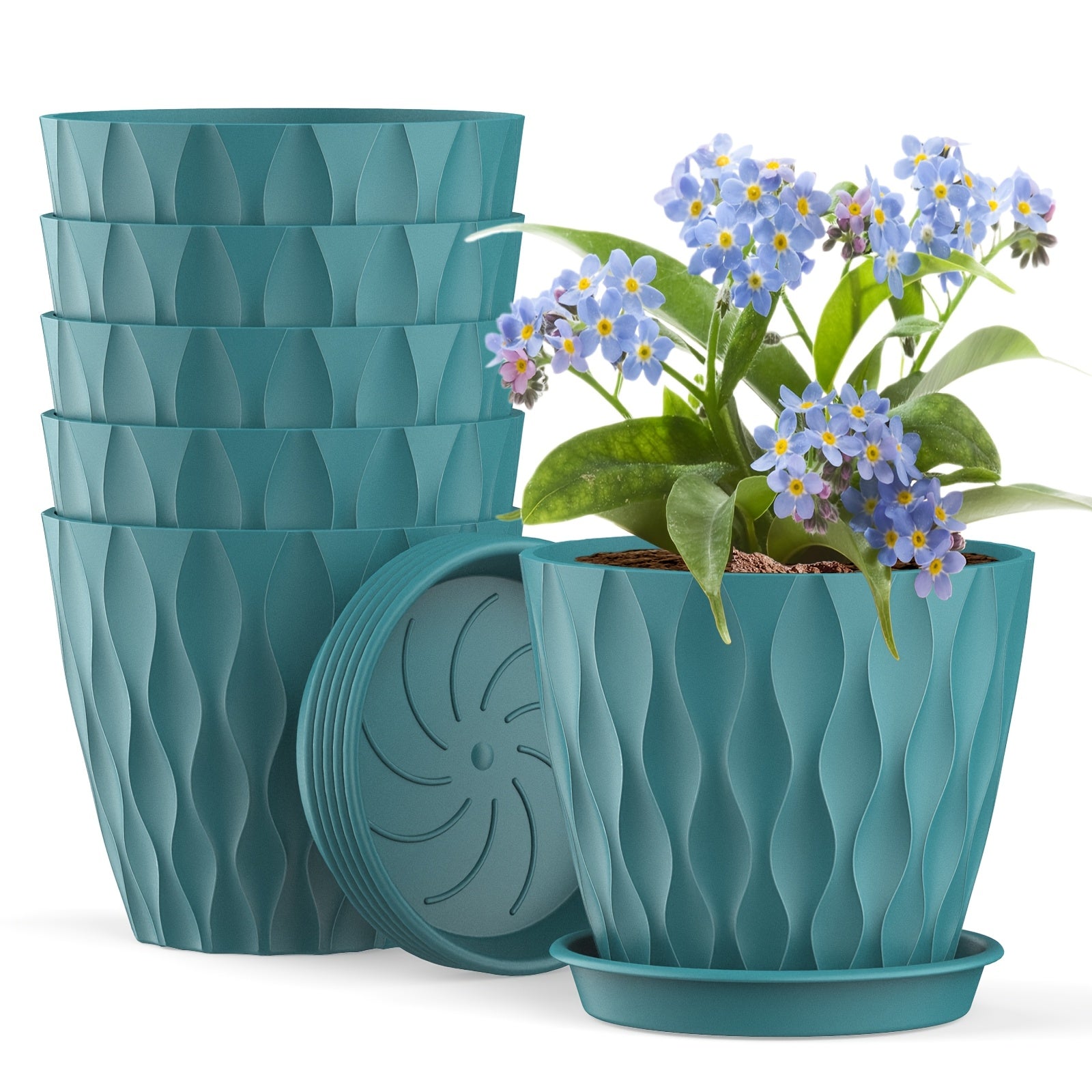 Set of 6 Plastic Round Planters with Drainage Holes for Indoor Outdoor Succulents Herbs Flowers