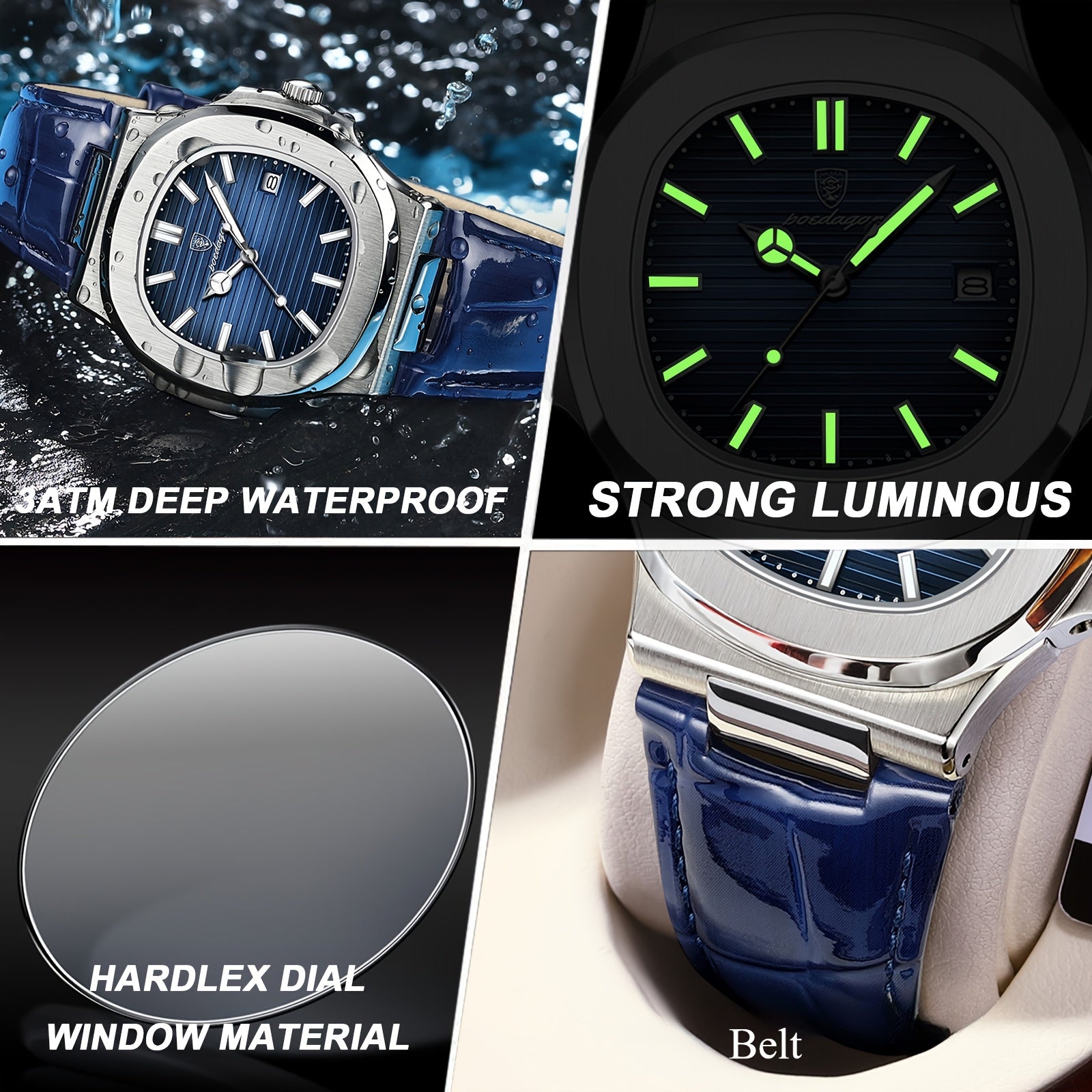 Men's Casual Watch with Night Glow Calendar Leather Strap Quartz Movement