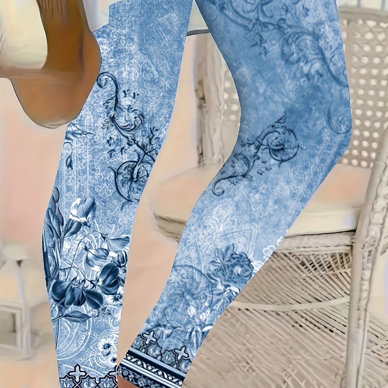 Women's Plus Size Floral Print Stretch Leggings Comfortable Polyester Blue Gray