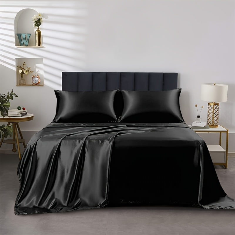 Polyester Satin Fitted Sheet Set 4 Pieces Includes Pillowcases Available in Twin Full Queen King