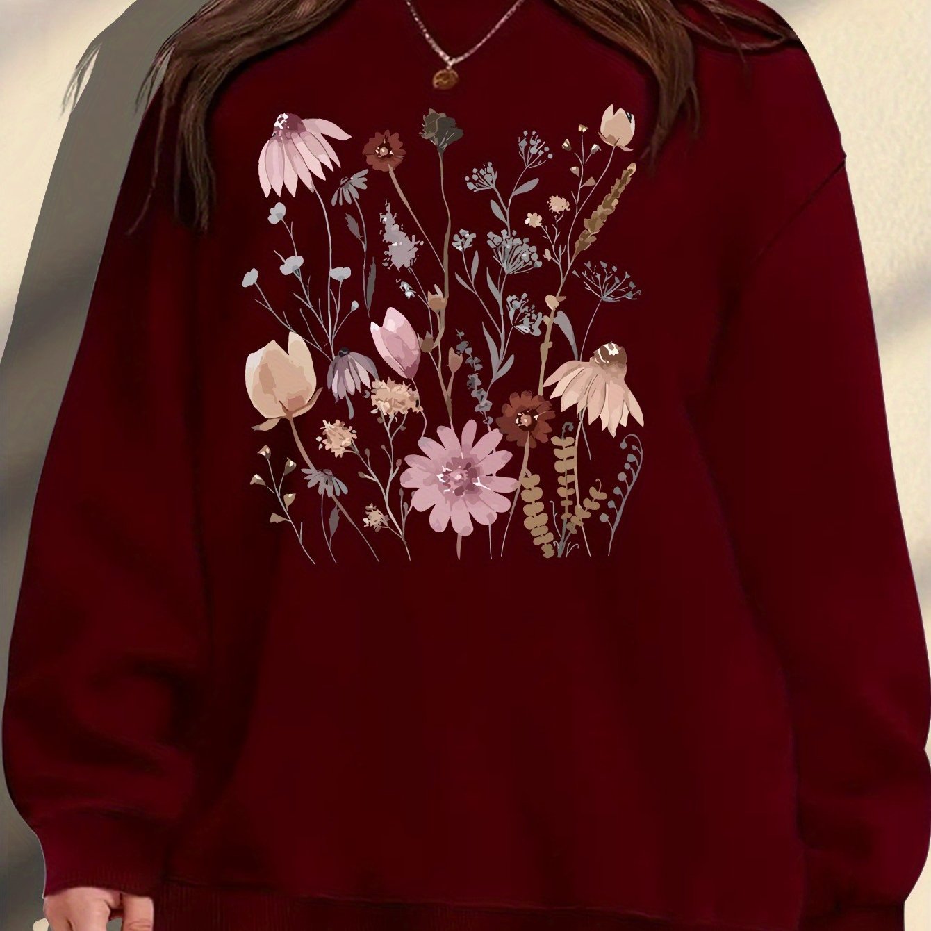 Women's Plus Size Floral Print Sweatshirt Cozy Maroon Pullover Autumn Wear
