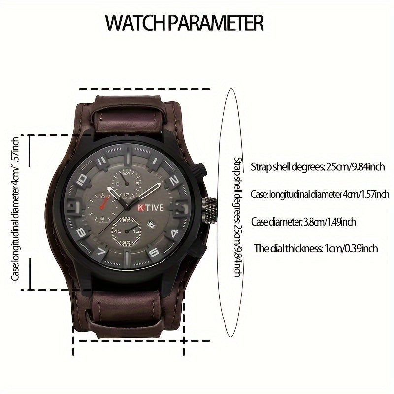 Men's Sports Watch with Large Dial, Calendar, Quartz Movement, PU Leather Strap