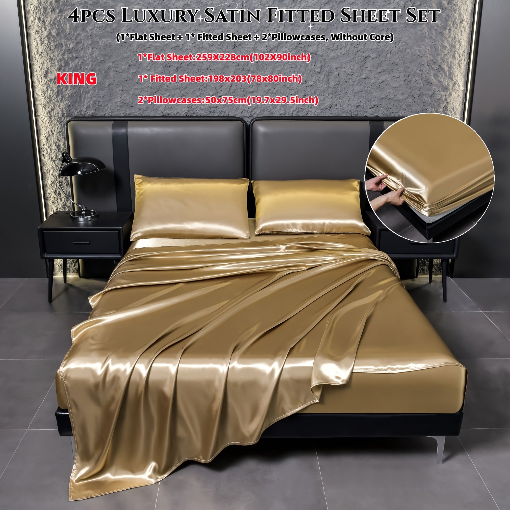 Juego de sábanas de satén de 4 piezas, reversible, transpirable, antideslizante, de color sólido para dormitorio, invitados, hotel