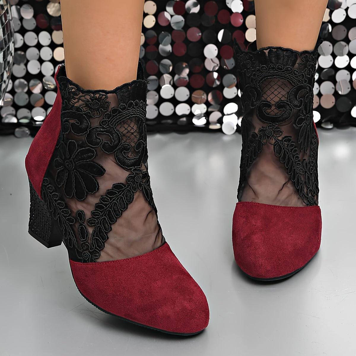 Women's Black Lace-Trimmed Mesh Ankle Boots Pointed Toe Chunky Heel