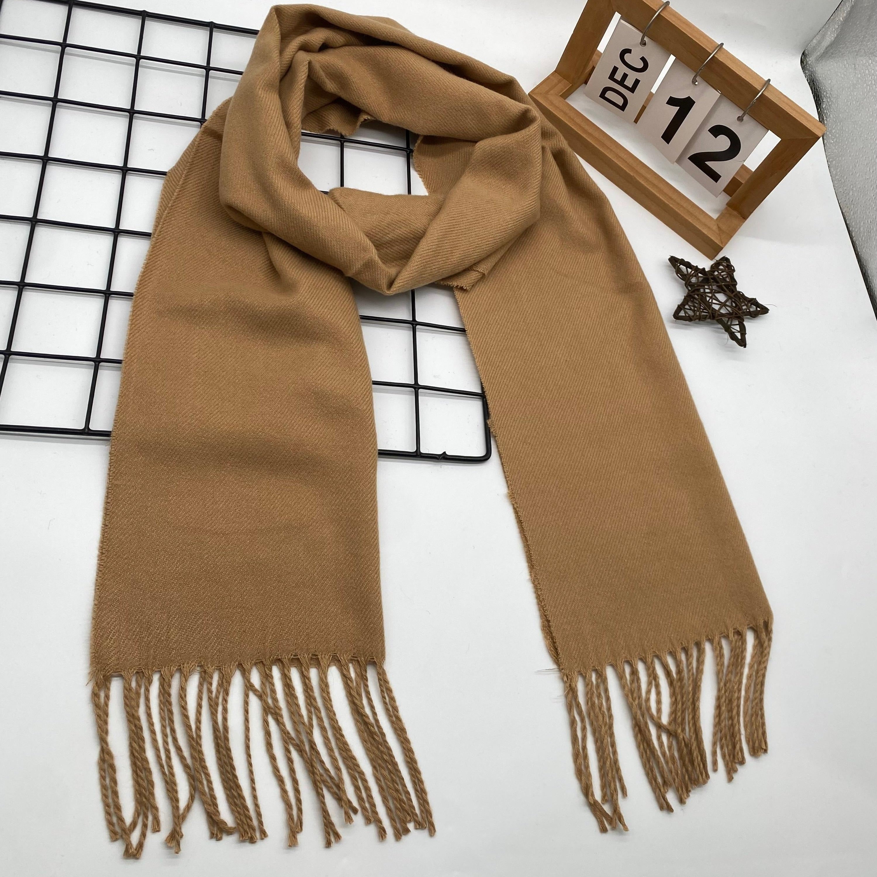 Men's Winter Plaid Scarf with Tassel Edge Soft Polyester Woven Accessory