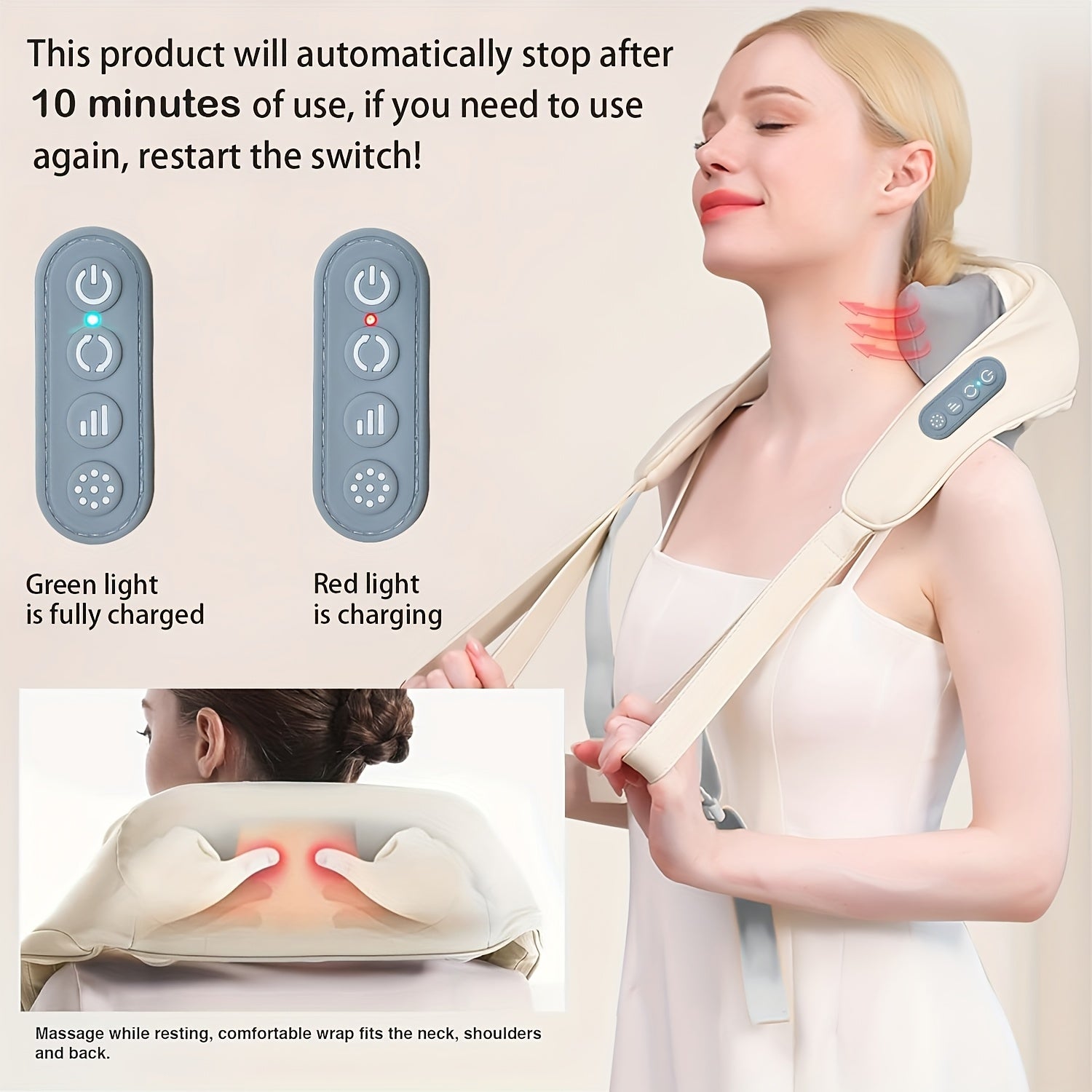 6 ta massaj boshliqlari, isitish funksiyasi, USB Type-C zaryadlash bilan aqlli bo'yin va yelka massajchisi