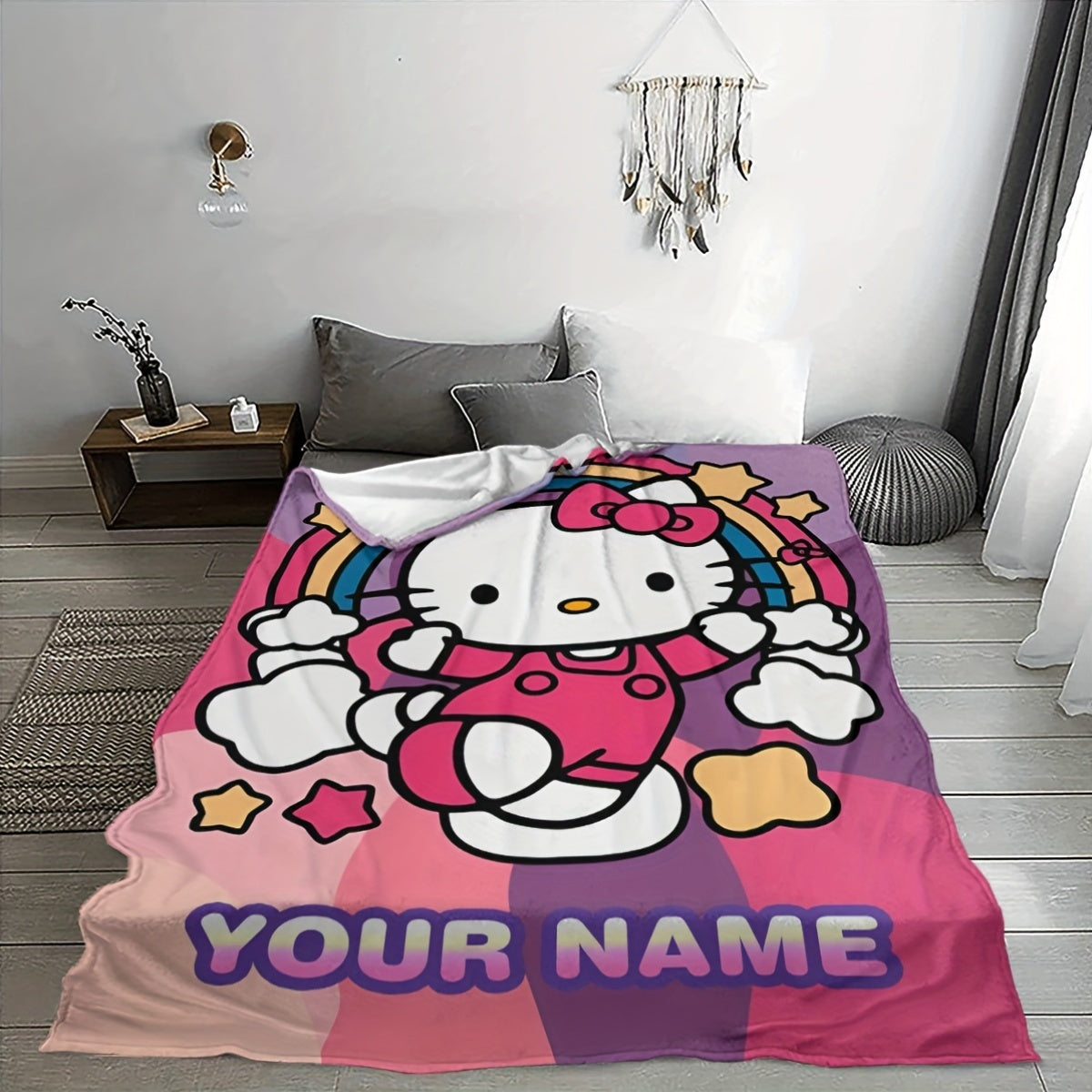 Personalized Cartoon Hello Kitty Flannel Blanket for Kids and Adults