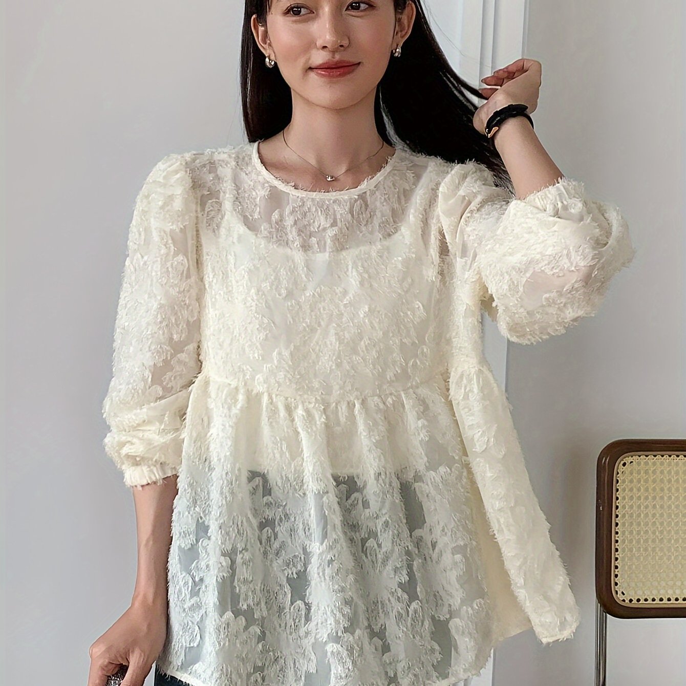 Women's Long Sleeve Blouse with Ruffled Hem in Textured Polyester Fabric