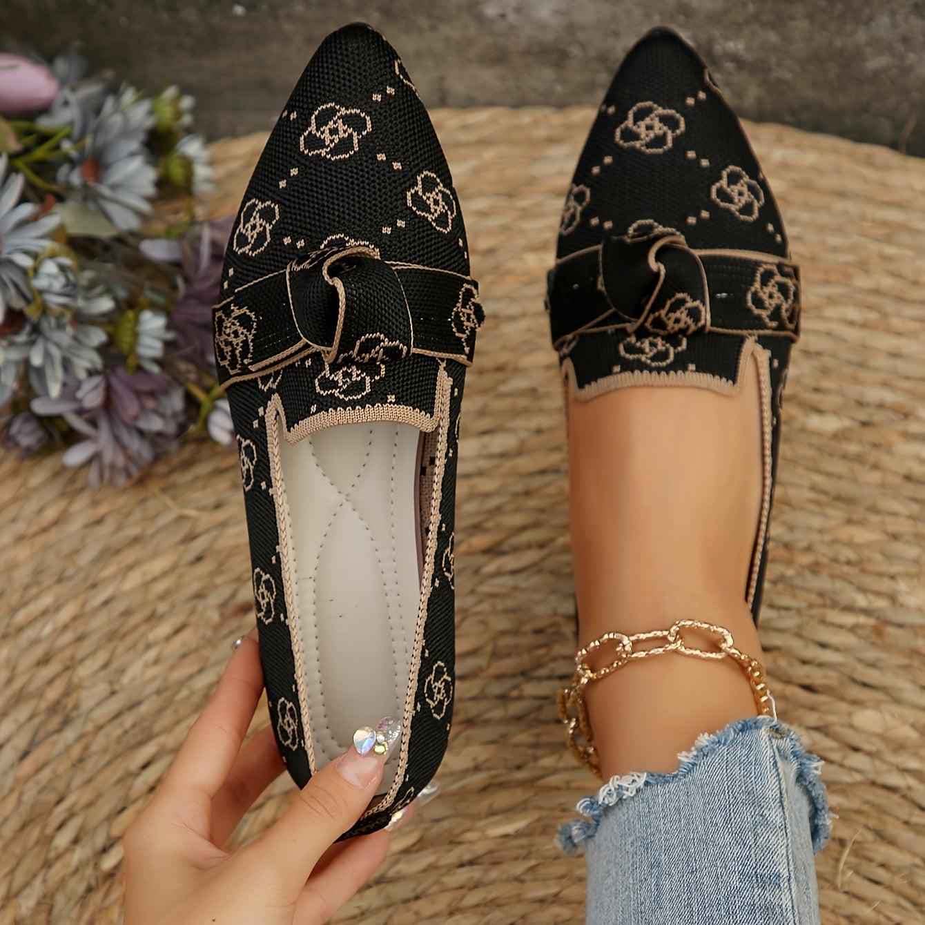 Women's Breathable Camo Mary Jane Flats Slip-On Pointed Toe Ankle Strap