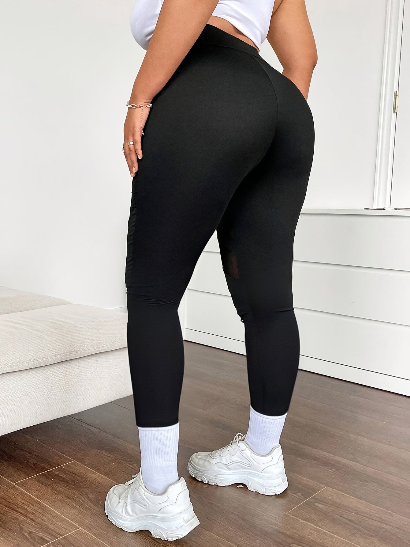 Леггинсы женские больших размеров с высокой талией и сетчатыми вставками, черные с белыми боками, спортивные штаны