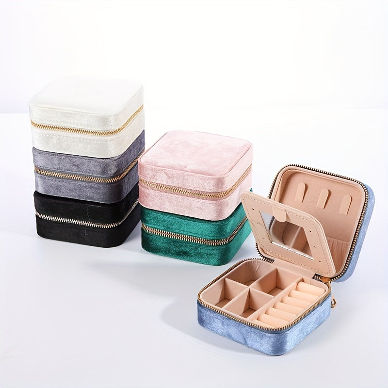 Velvet Jewelry Box with Mirror and Dual-Layer Zippered Storage for Accessories