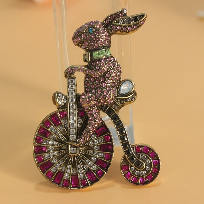Retro Bunny Bicycle Shaped Rhinestone Brooch for Women
