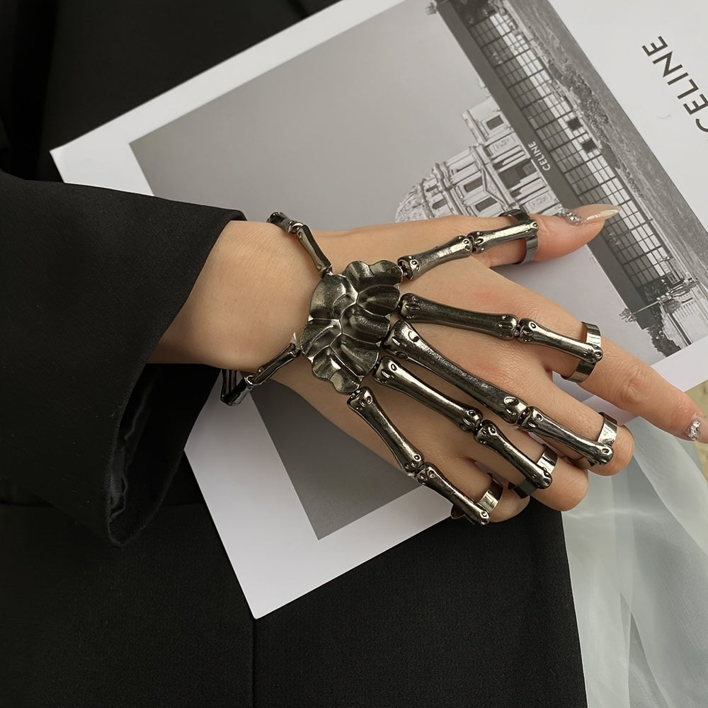 Bir dona zamonaviy punk qafas suyakli qo'l barmoqi moslashuvchan besh barmoqli cho'ziladigan uzuk bilaguzuk, zanjir bilan, gotik va punk uslublarini ifodalaydi.