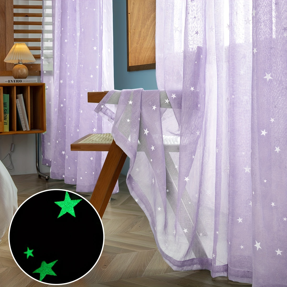 Pastoral Style Curtains with Luminous Star Pattern for Bedroom Living Room Office Kitchen