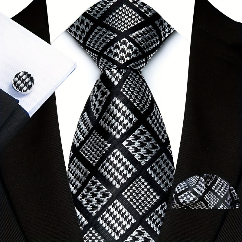 Men's Plaid Pattern Tie Pocket Scarf Cuff Set for Suits Gift