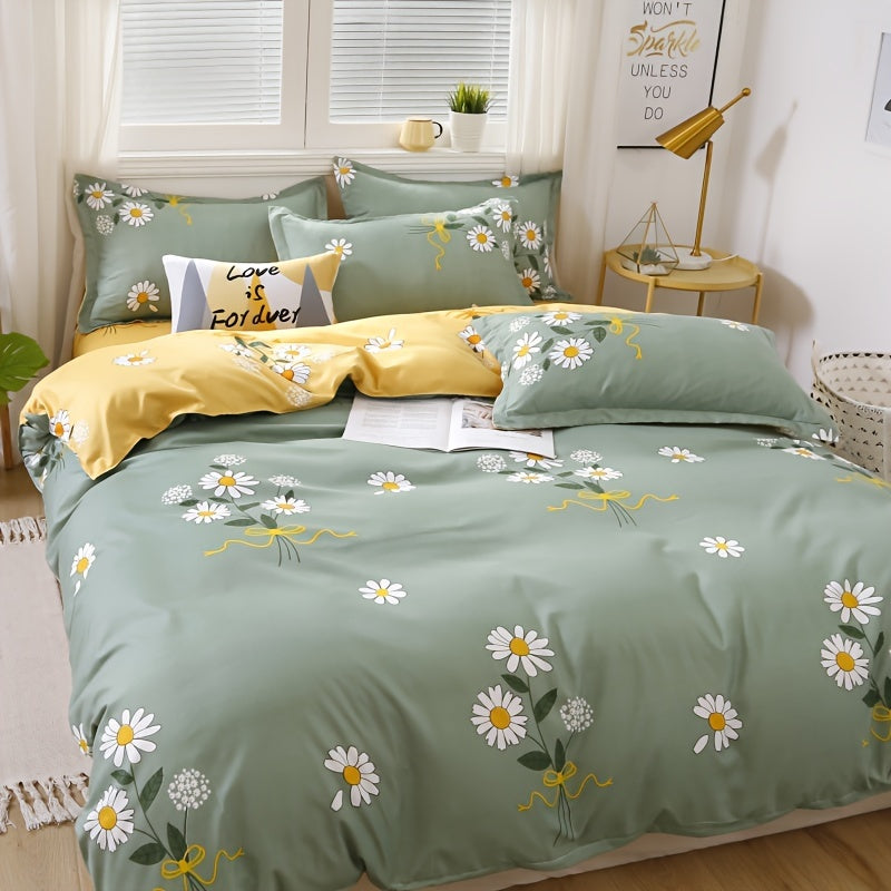 Daisy Print Duvet Cover Set with Pillowcases and Flat Sheet Polyester All-Season Bedroom Decor