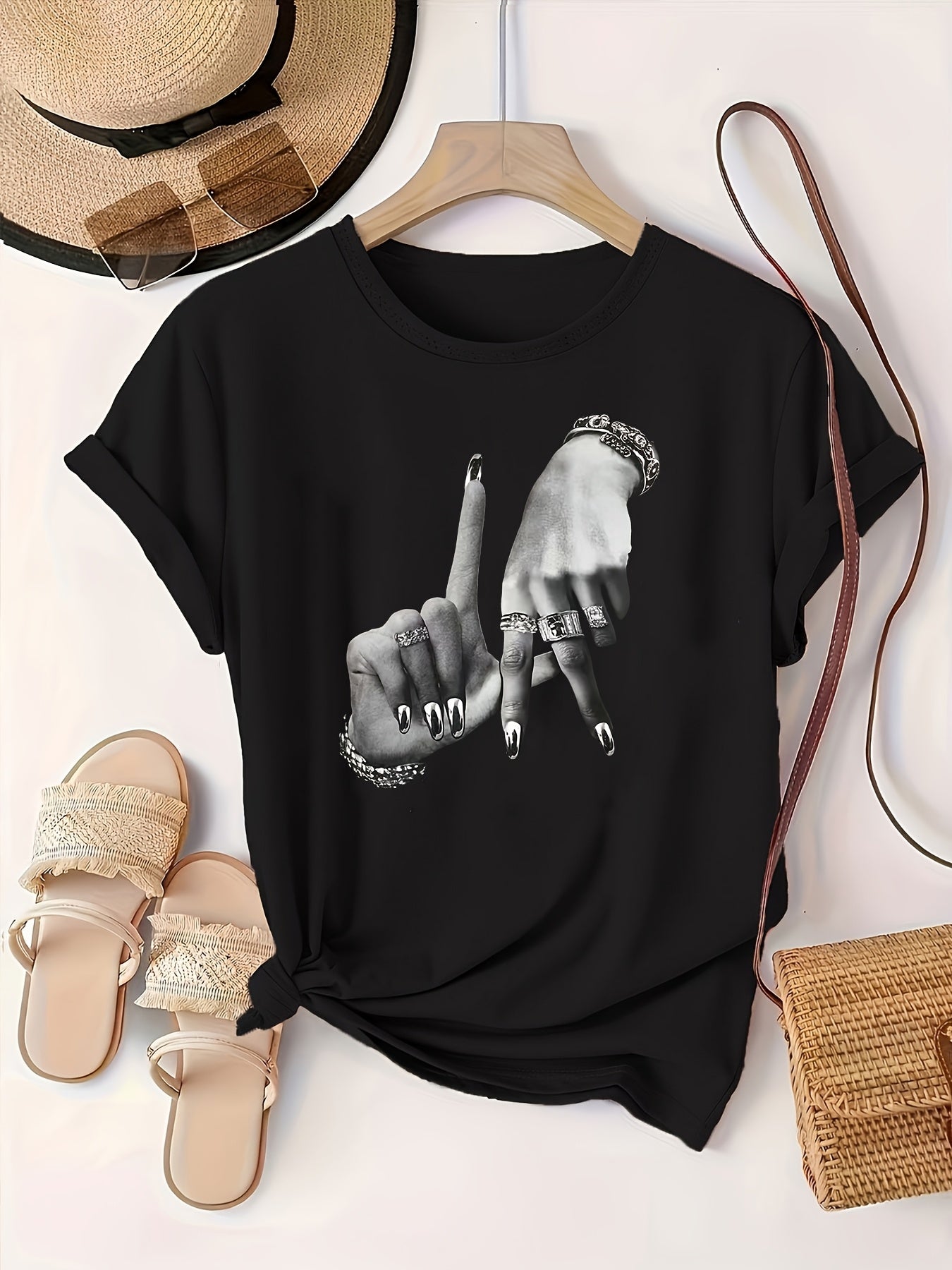 Women Plus Size Graphic Print Short Sleeve T-Shirt Black Casual Top Breathable Fabric