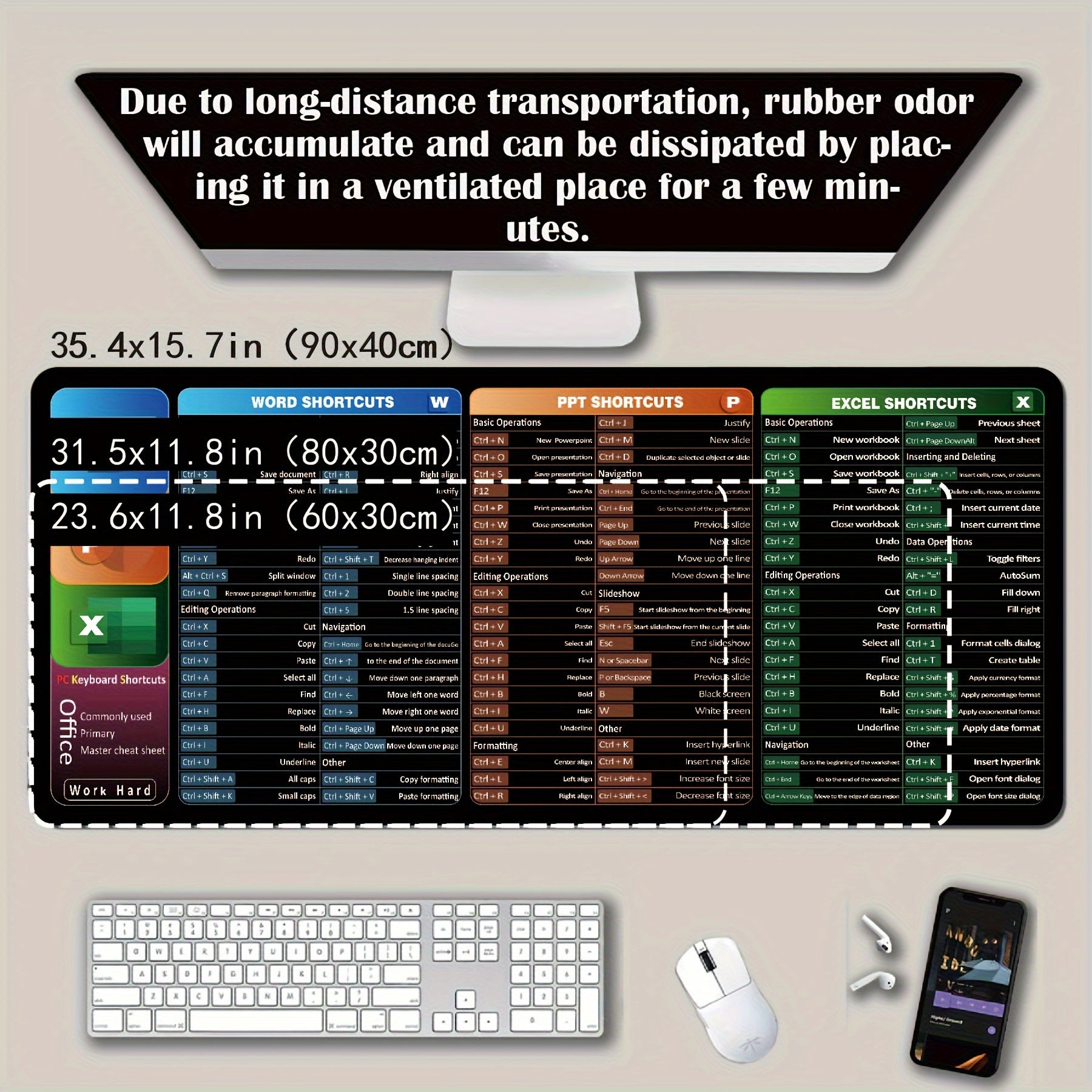 Large Non-Slip Washable Mouse Pad with Printed Shortcuts for Word Excel PowerPoint Gaming