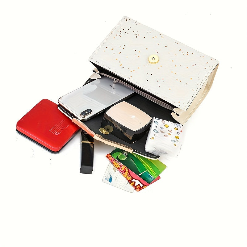 Zamonaviy mini krossbodi sumkasi, porloq detallar bilan, engil PU materialidan, sozlanadigan tasma, magnit yopish. Ta'tillar va sovg'alar uchun ideal.