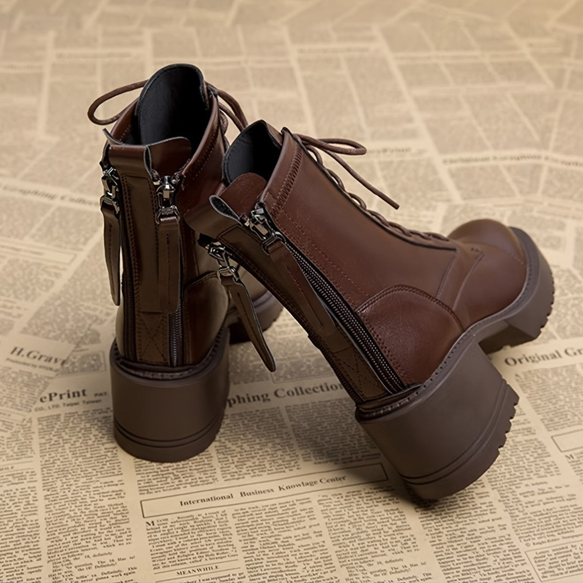 Women's Faux Leather High-Top Lace-Up Boots with Chunky Heels Brown